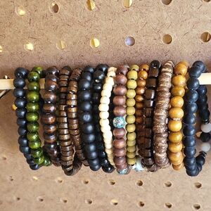 Stack of Earth Tone Wooden Beaded Bracelets 15 Total.  3006